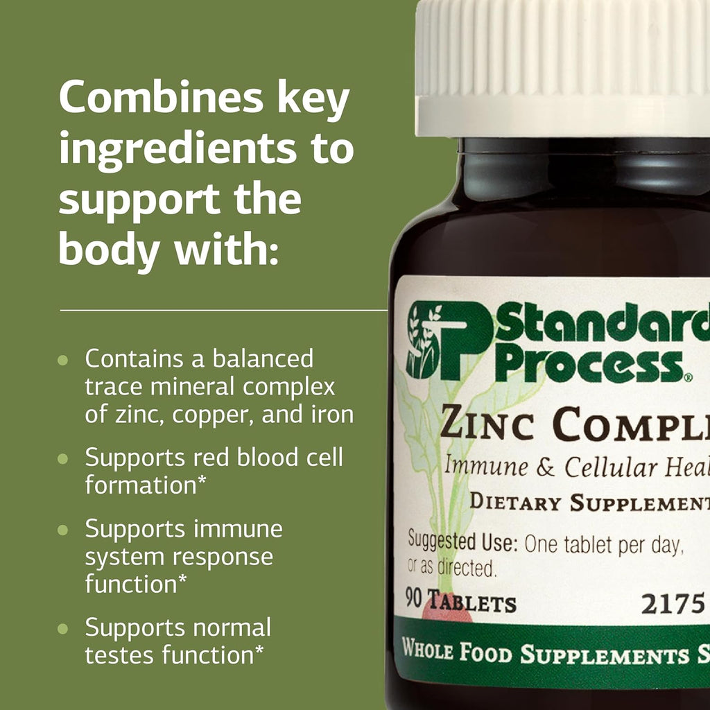 Standard Process Zinc Complex - Enzyme Function Support to Aid Normal Testes Function - Supports Immune Health & Cellular Energy - Gluten-Free, Non-Dairy & Non-Soy - 90 Tablets (90 Servings)