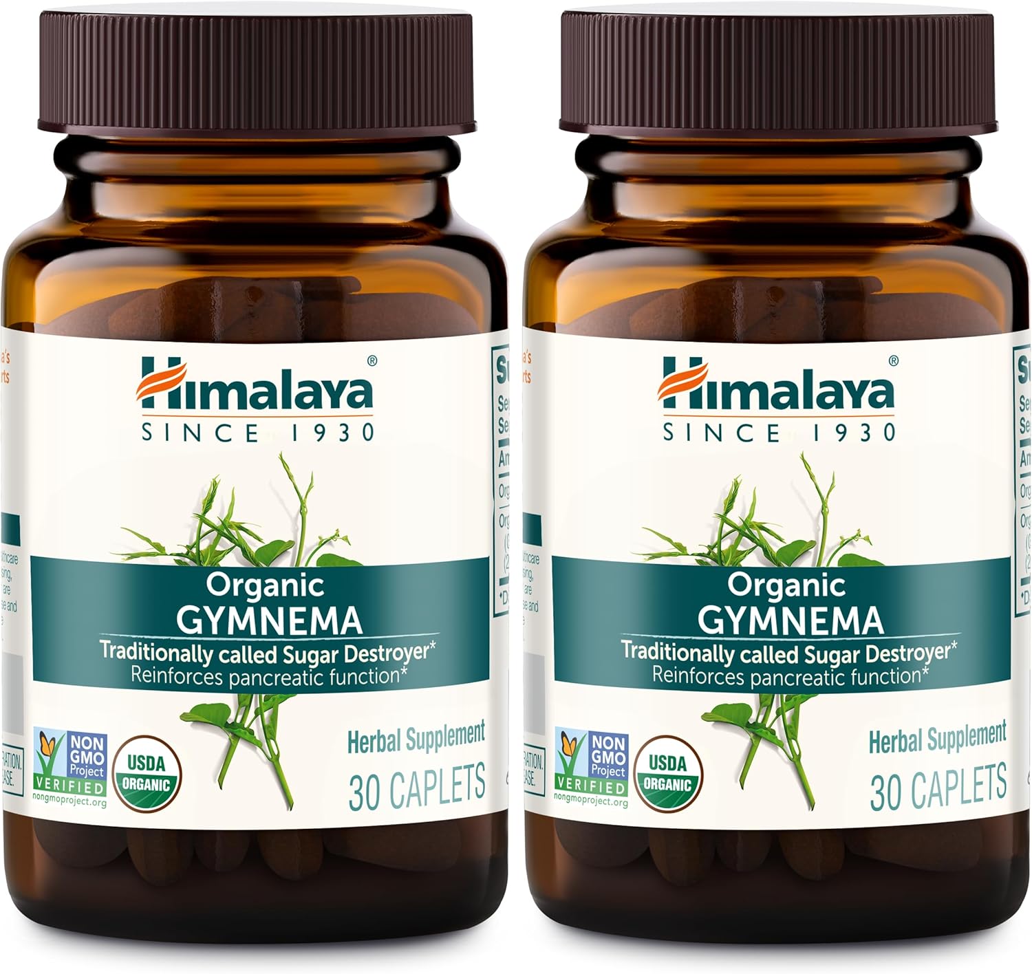 Himalaya Organic Gymnema Sylvestre Herbal Supplement USDA Certified Organic, Non-GMO, 700 mg, 30 Plant-Based Caplets, 2 Pack