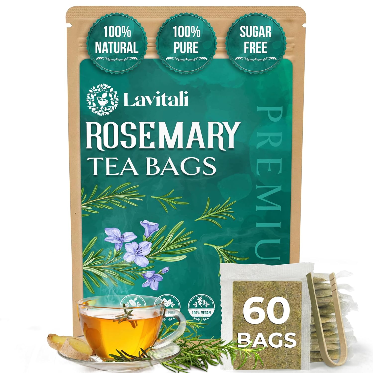 Lavitali, Rosemary Leaves Tea Bags | 60 bags, 100% Pure Herbal Tea | Caffeine-Free, No Sugar, Eco-Friendly Filter Bags | Daily Natural Botanical, Hot or Iced Herbal Infusion