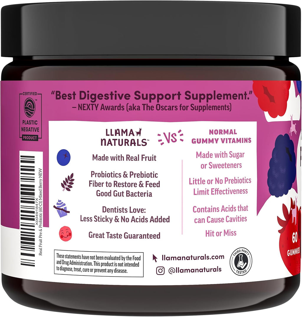 Llama Naturals Probiotics for Women and Men with Prebiotic Fiber, Vegan, Organic, Probiotic Gummies for Gut Health Support, Adults Real Fruit Gummy Vitamins, No Added Sugar Cane, Mixed Berry, 120 Ct