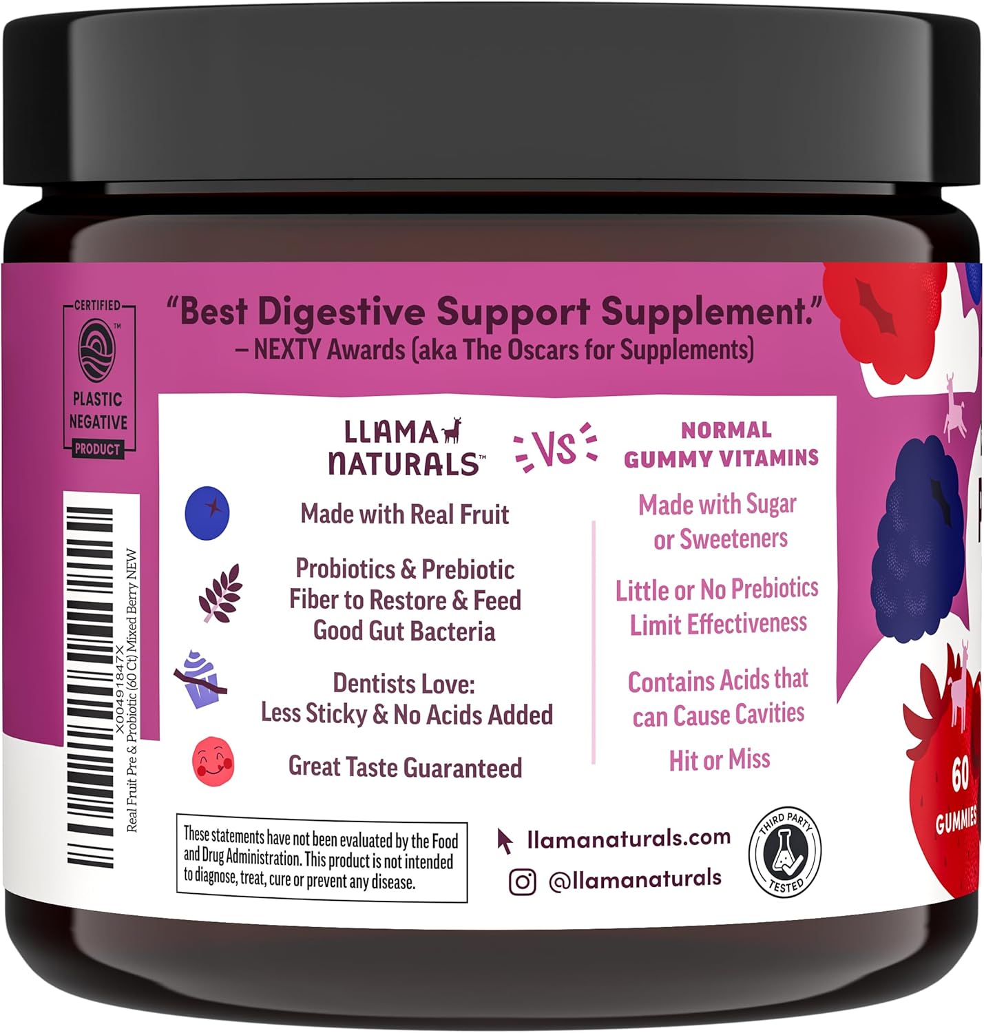 Llama Naturals Probiotics for Women and Men with Prebiotic Fiber, Vegan, Organic, Probiotic Gummies for Gut Health Support, Adults Real Fruit Gummy Vitamins, No Added Sugar Cane, Mixed Berry, 120 Ct
