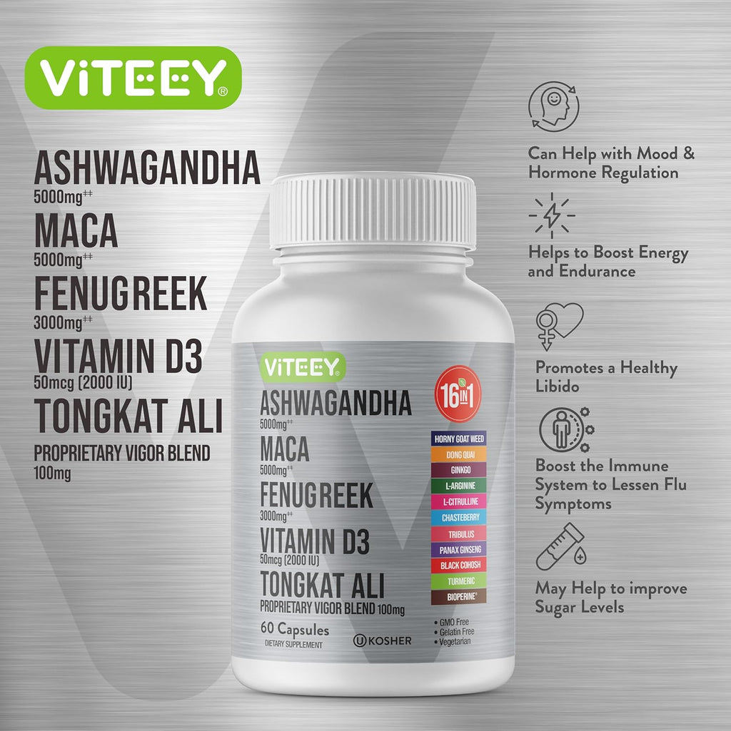 Viteey Ashwagandha Maca Fenugreek Supplement with Tongkat Ali – Drive, Passion & Energy Support for Men & Women – Mood, Calm & Stress Support - 60 Capsules
