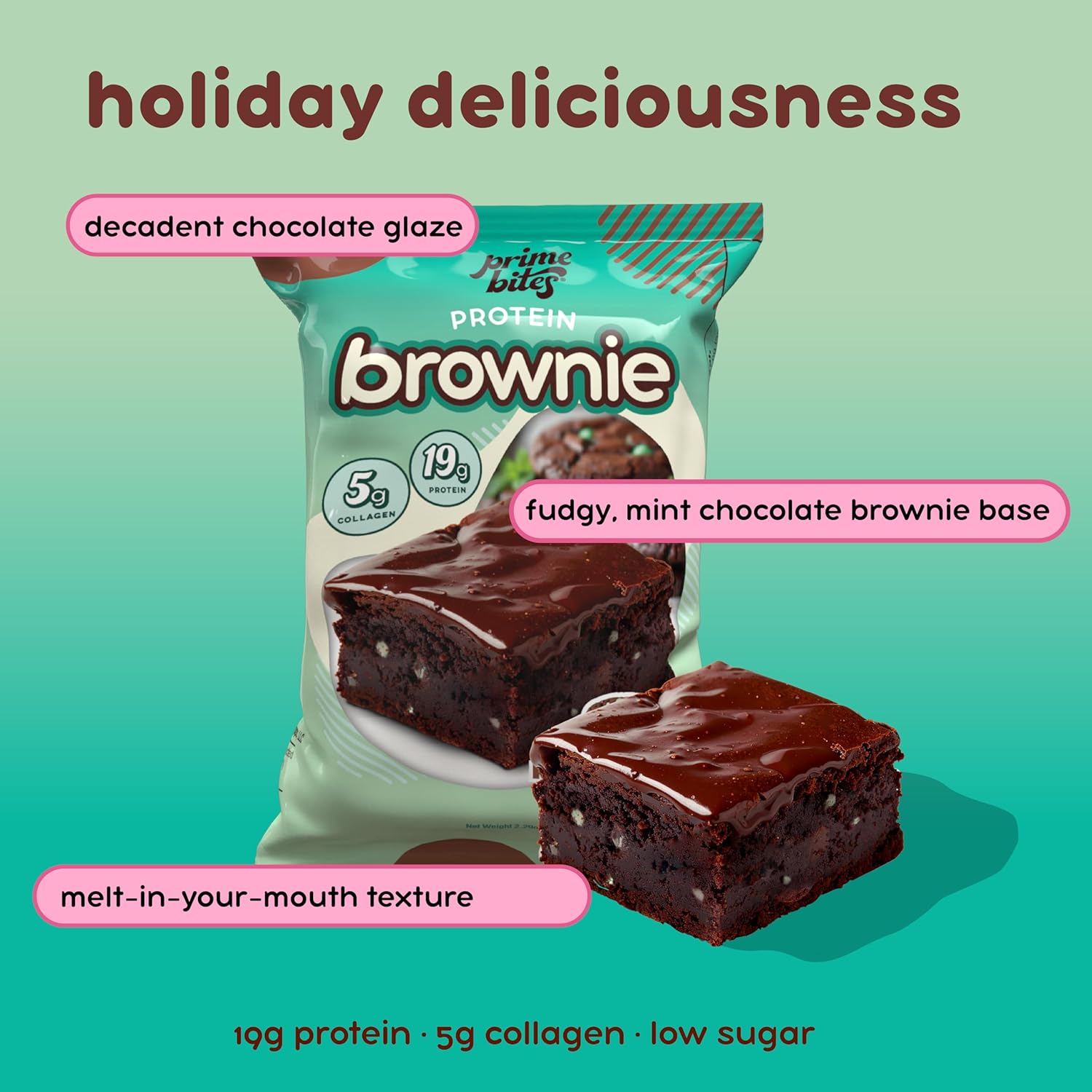 Prime Bites Protein Brownie from Alpha Prime Supplements | High Protein, Collagen Fortified Low Sugar Treat | Delicious Snack | 12 Bars per Box (Mint Chocolate Chip)