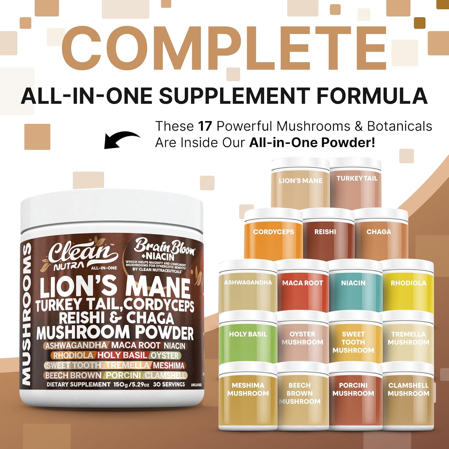 Clean Nutra Lion's Mane Turkey Tail Cordyceps Reishi Chaga Mushroom Powder + Ashwagandha Niacin Calm Stress Memory Adrenal Support Supplements Maca Rhodiola Holy Basil Apaptogen Supplement Unflavored