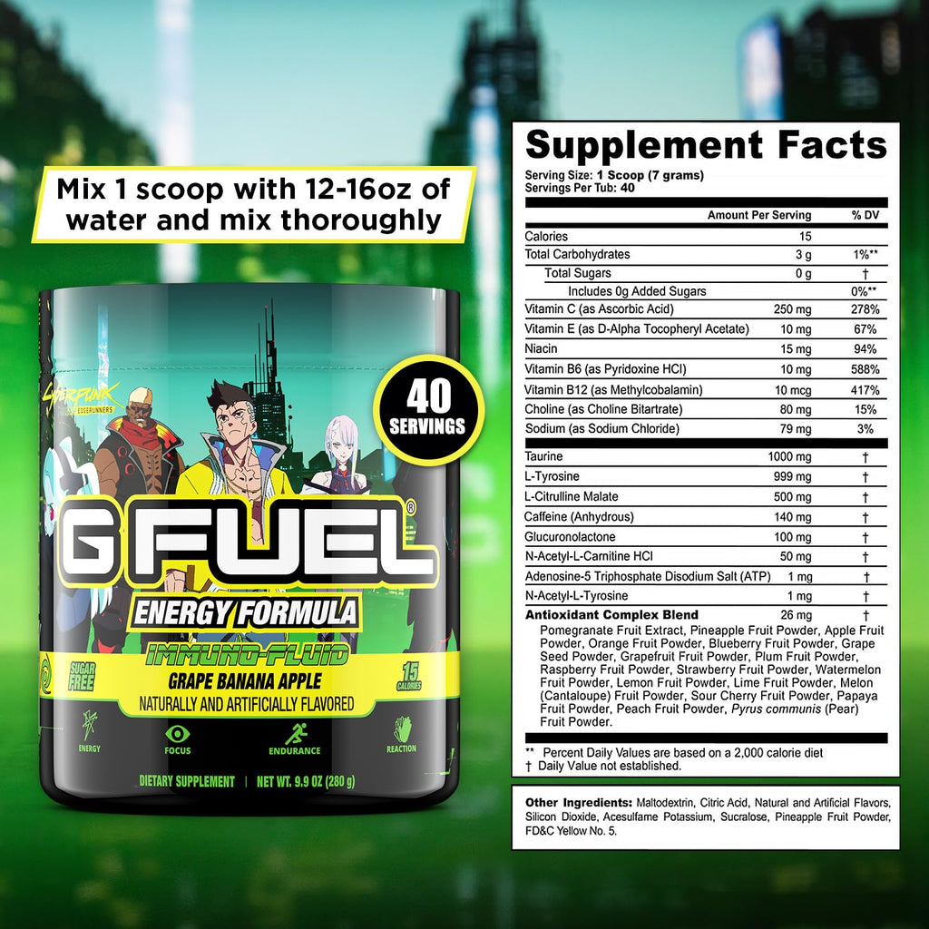 G fuel Cyberpunk Edgerunners Energy Powder, Pre Workout Caffeine Mix for Gaming, Sugar Free Focus Amino, Vitamin + Antioxidants, 9.9oz (Grape Banana Apple, 40 Servings)
