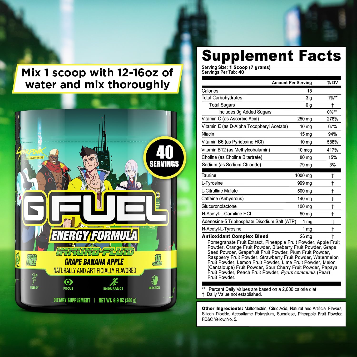 G fuel Cyberpunk Edgerunners Energy Powder, Pre Workout Caffeine Mix for Gaming, Sugar Free Focus Amino, Vitamin + Antioxidants, 9.9oz (Grape Banana Apple, 40 Servings)