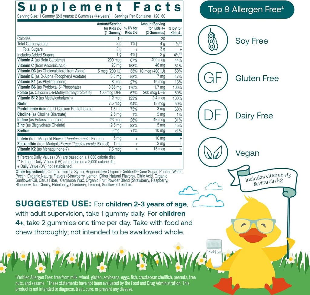 True Grace True Littles Daily Kids Multi - 120 Pectin Gummies - Immune, Cognitive, Bone & Eye Support - Clinically Studied Lutemax Kids Lutein & Vitamin D3 + K2 - Allergen Free & Vegan - 120 Servings