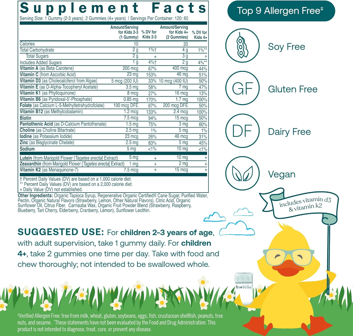 True Grace True Littles Daily Kids Multi - 120 Pectin Gummies - Immune, Cognitive, Bone & Eye Support - Clinically Studied Lutemax Kids Lutein & Vitamin D3 + K2 - Allergen Free & Vegan - 120 Servings