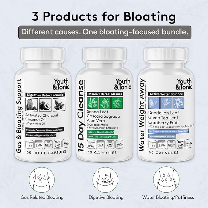 Youth & Tonic Belly Bloating Relief for Gas, Gut & Water Debloating – Digestion & Fluid Retention Support with Activated Charcoal for Women & Men– 150 Pills