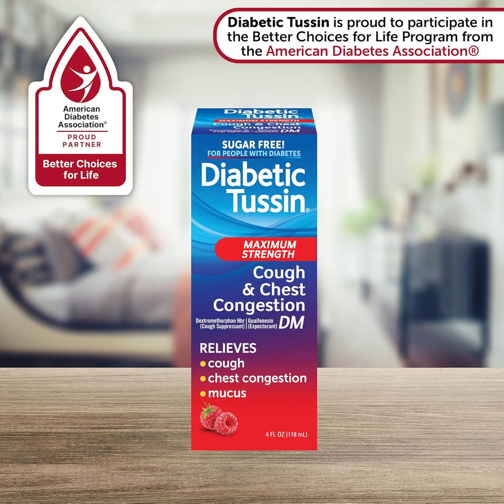 Diabetic Tussin DM Maximum Strength Cough Medicine for Adults, People with Diabetes – No Sugar, Dyes, Sodium, Fructose or Alcohol – Berry Flavored Cough Syrup, 4 Fl Oz, Pack of 3