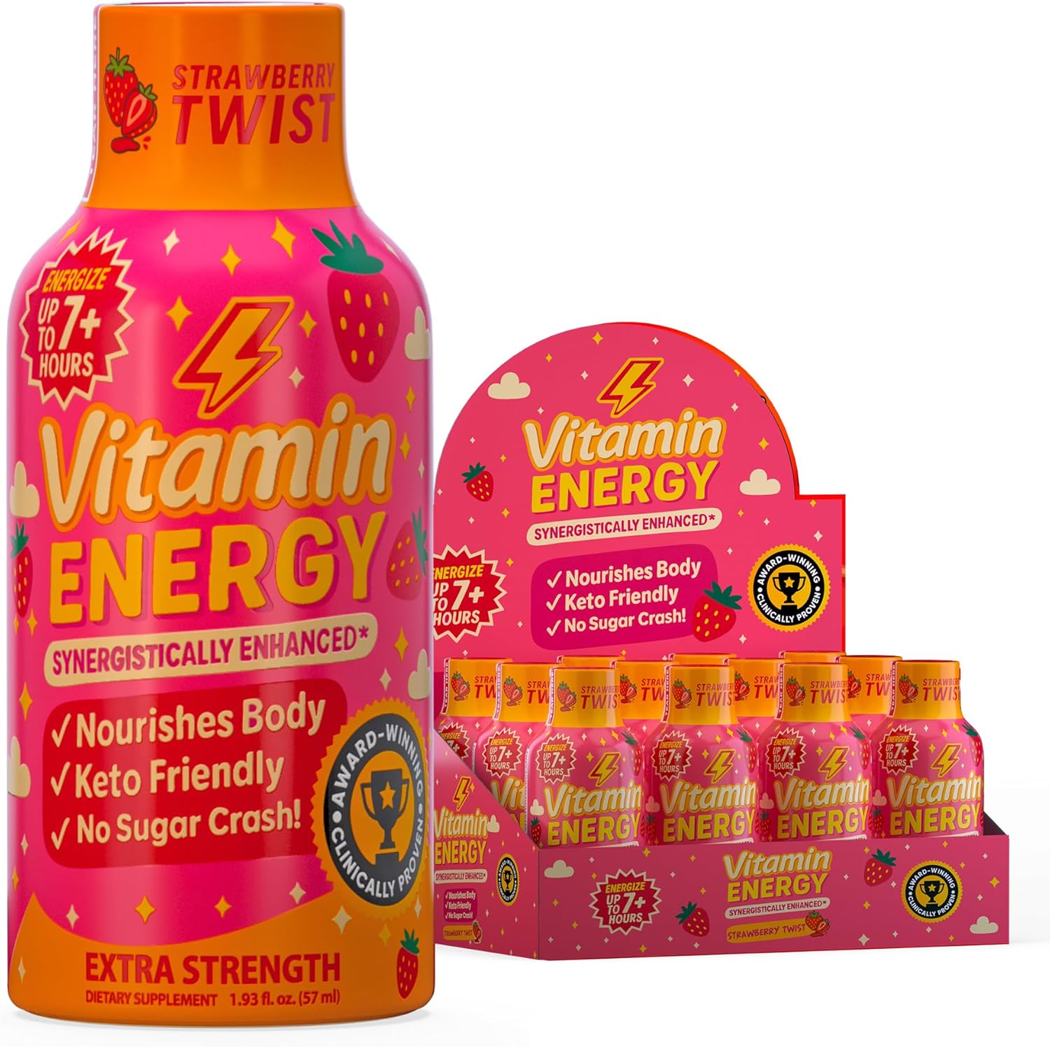 Vitamin Energy Immune+ Extra Strength Energy Shot Strawberry Twist 12 Pack, 260mg Natural Caffeine, B-Vitamins, Citicoline, Green Tea, Immunity & Focus Support, Zero Sugar, Gluten-Free 1.93 fl oz