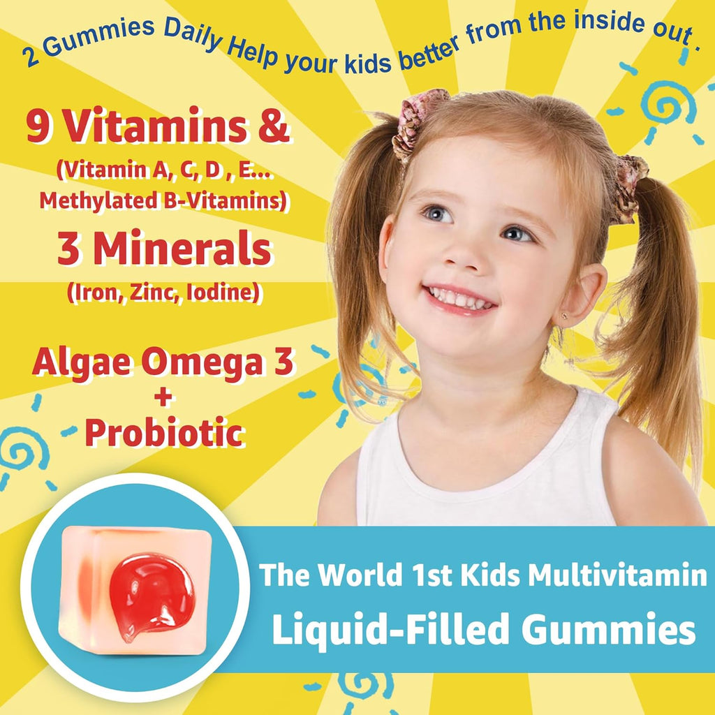 Kids Multivitamin Gummies with Iron, Sugar Free, Kids Daily Vitamins + Probiotics, Algae Omega 3 (EPA/DHA), A, C, D, Methyl B12, Folate, B6, Zinc, Biotin, for Healthy Growth, Immune Support, 60 Count
