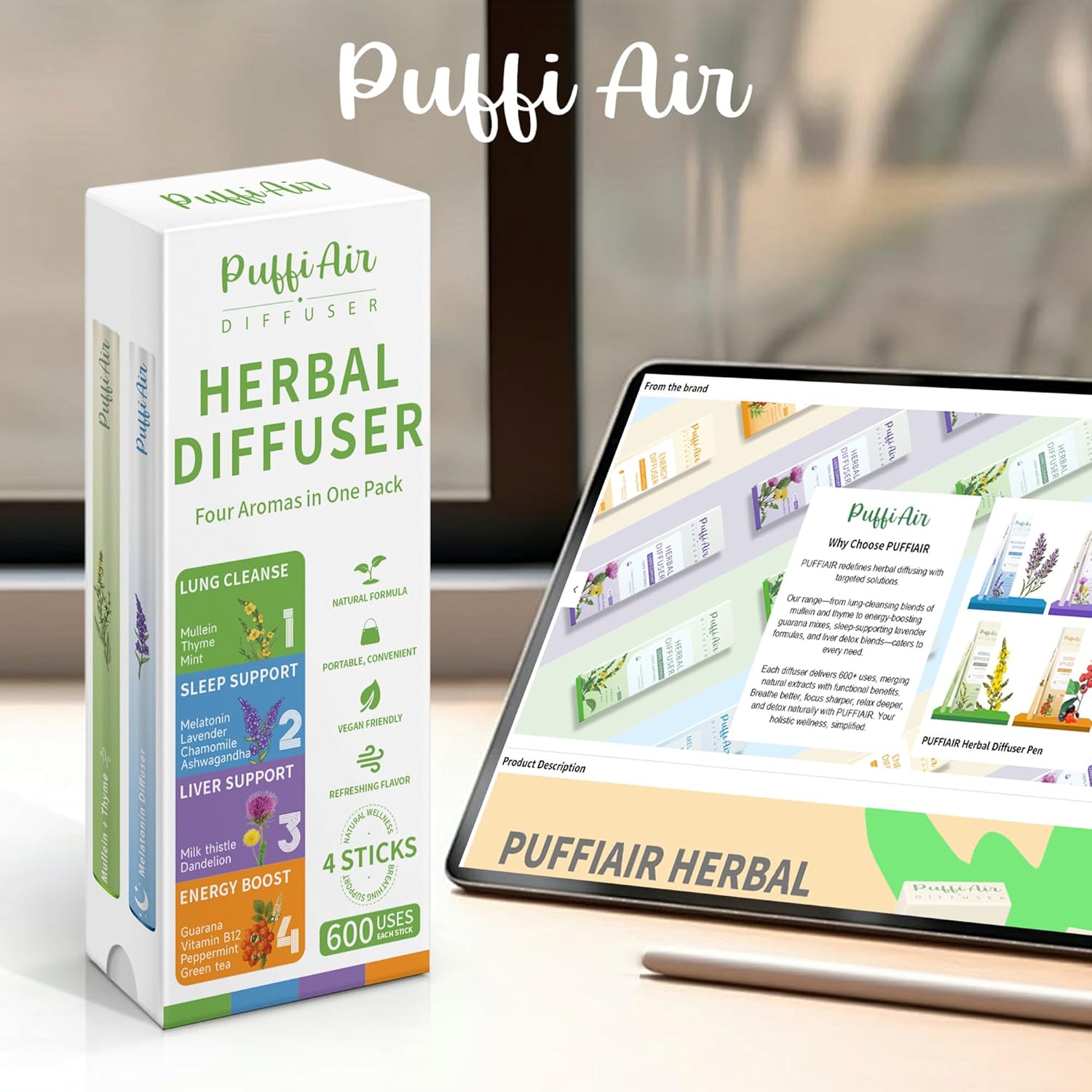 4-in-1 Complete Wellness Herbal Diffuser Bundle: Sleep Support, Lung Detox, Energy Boost & Liver Cleansing – 600 Uses Per Stick