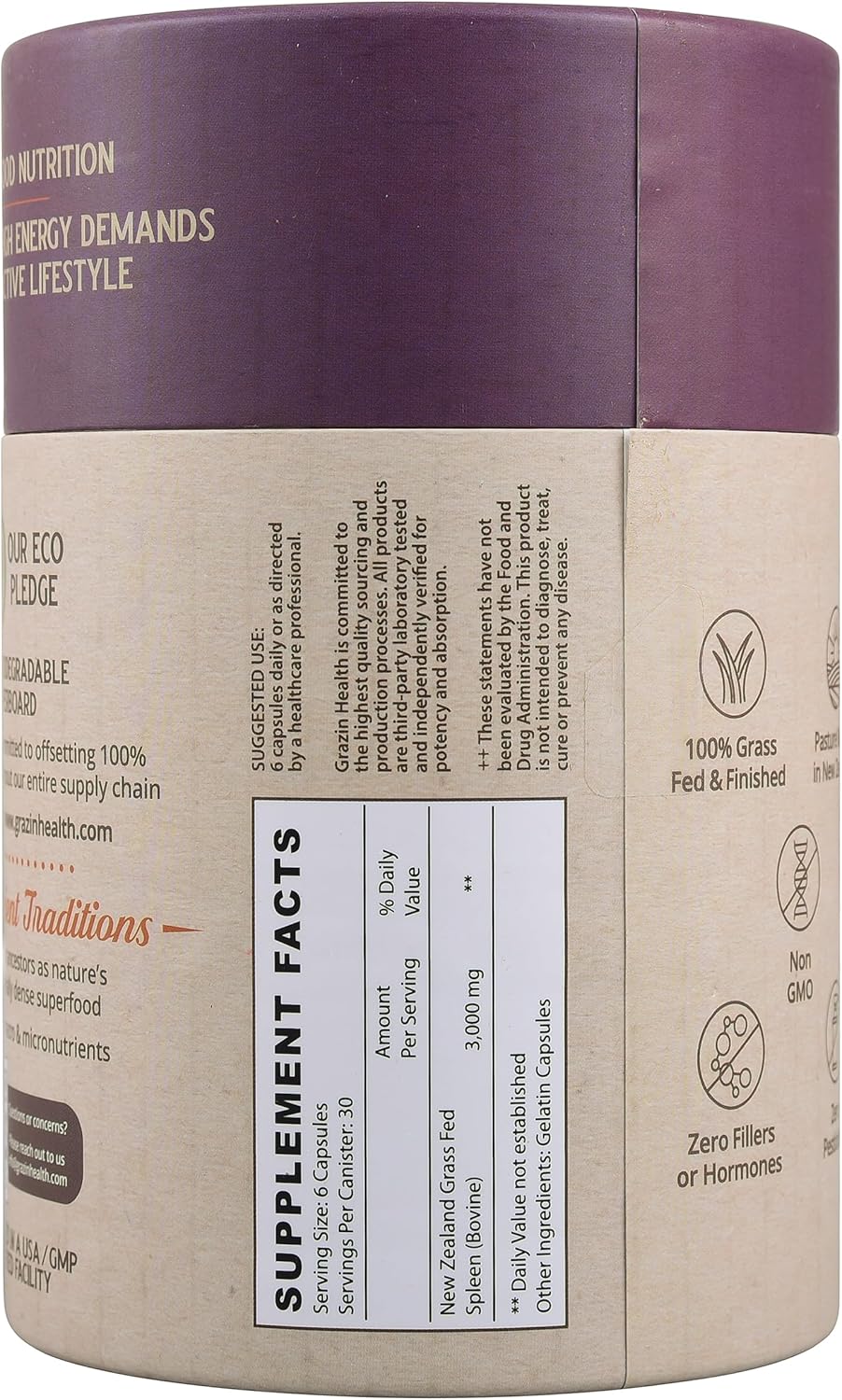Grass Fed Bovine Spleen Capsules: 3000 Mg per Serving (30 Servings)