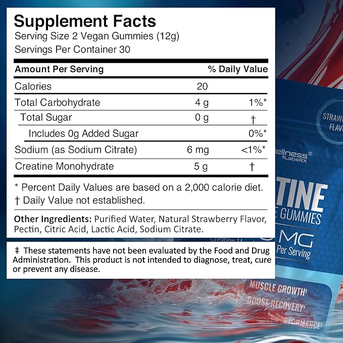 Creatine Gummies 5000mg, 30 Servings Creatine Monohydrate Gummies - Third-Party Tested Creatine for Women, Strawberry Flavor Creatine for Men, Muscle Growth, Strength, and Recovery - Pack of 1