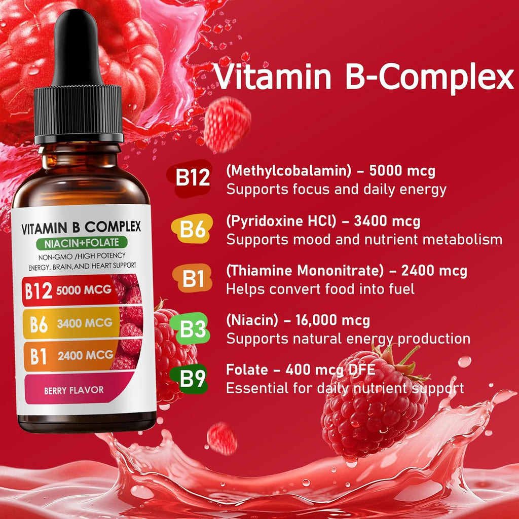 Vitamin B Complex | B12 B6 B1 B3 B9, Essential Vitamin Liquid Drops for Immune & Energy Metabolism, Brain & Heart Support, Raspberry Flavor 2fl oz