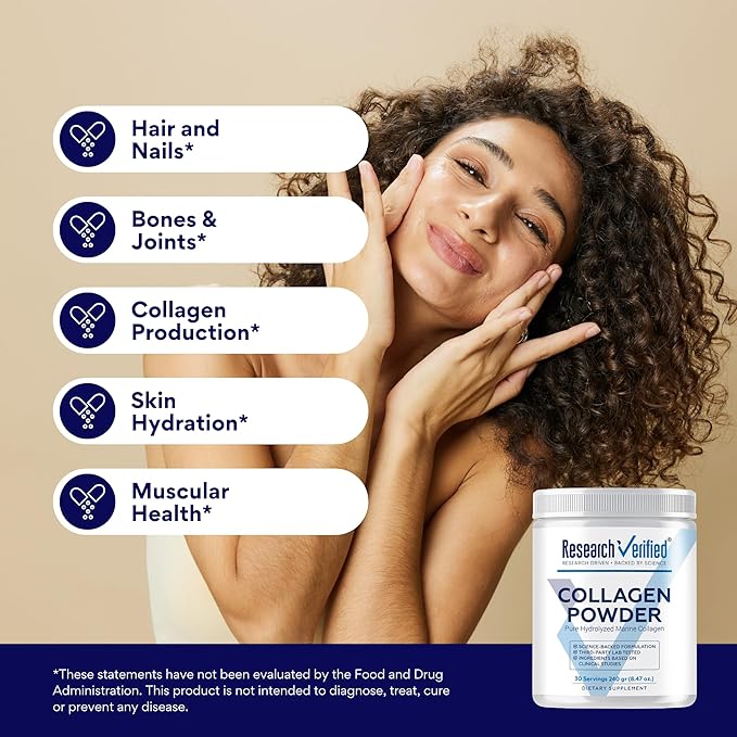 Research Verified® Collagen Powder - Hydrolyzed Marine Collagen Peptides - Unflavored - Skin Hydration and Elasticity, Muscle Recovery, Non GMO - 30 Scoops Per Container - 3 Month Supply