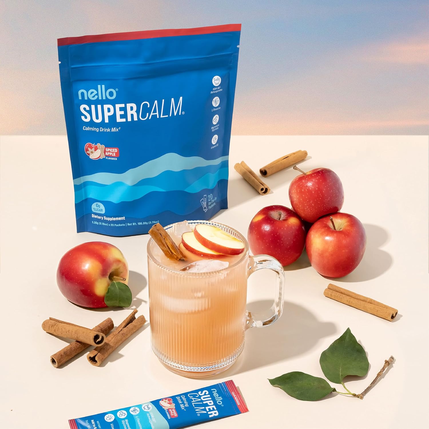 Supercalm Drink Mix – Ashwagandha KSM-66, Magnesium Glycinate, L-Theanine & Vitamin D3 Supplement, Spiced Apple Flavor (20 Travel Packets)