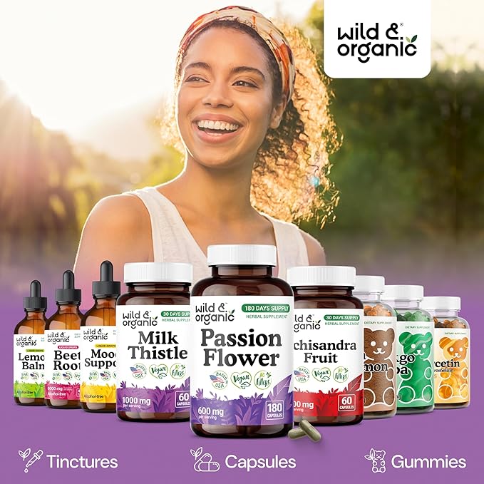 Wild & Organic Passion Flower Capsules 600 mg - Calming & Mood Support - Passionflower Extract Supplement - Passiflora Incarnata Herb - Vegan, No Fillers, Non-GMO - 180 Count