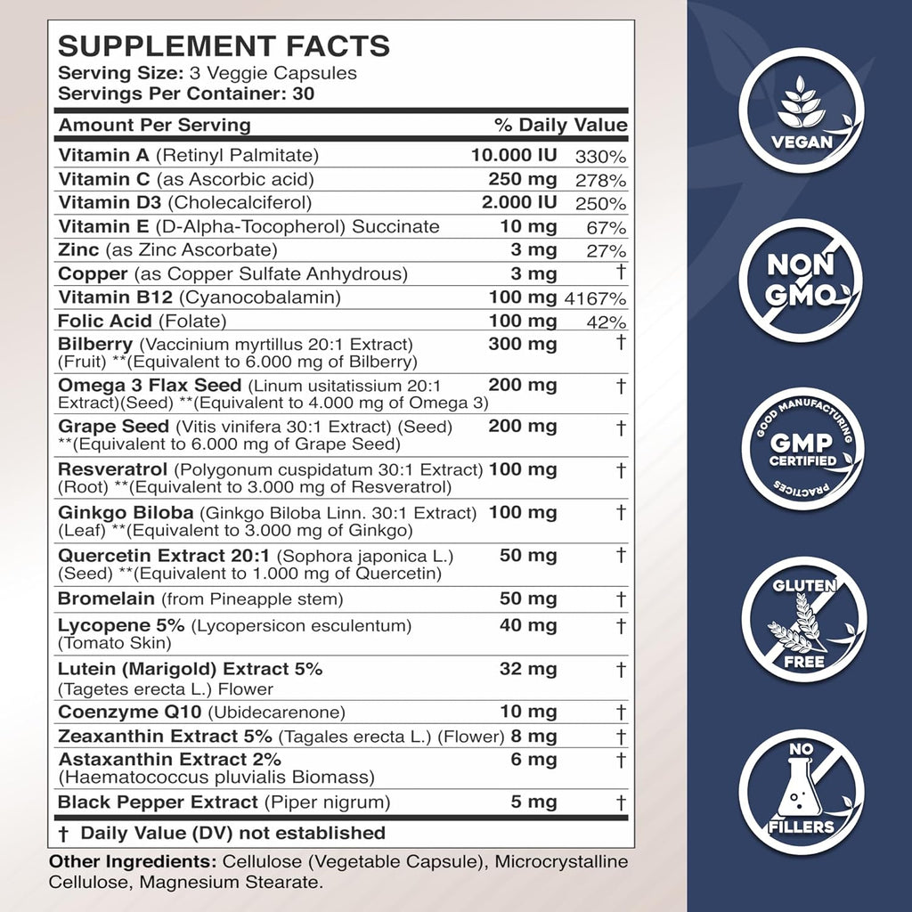 Gade Nutrition Lutein and Zeaxanthin Supplements | Astaxanthin, Omega 3, Resveratrol, Bilberry, Lycopene, Quercetin, Ginkgo Biloba, Vitamin D - Eye Health Vitamins, Eye Support, Health Vision Formula