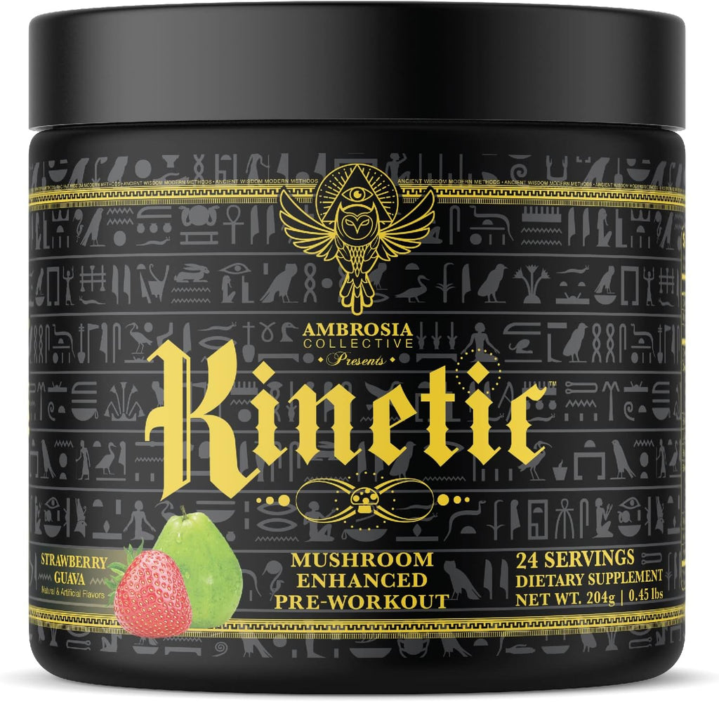 Ambrosia Kinetic Organic Preworkout, Mushroom Enhanced Natural Pre Workout Supplement, Nootropic Superfood Powder for Energy (Strawberry Guava)