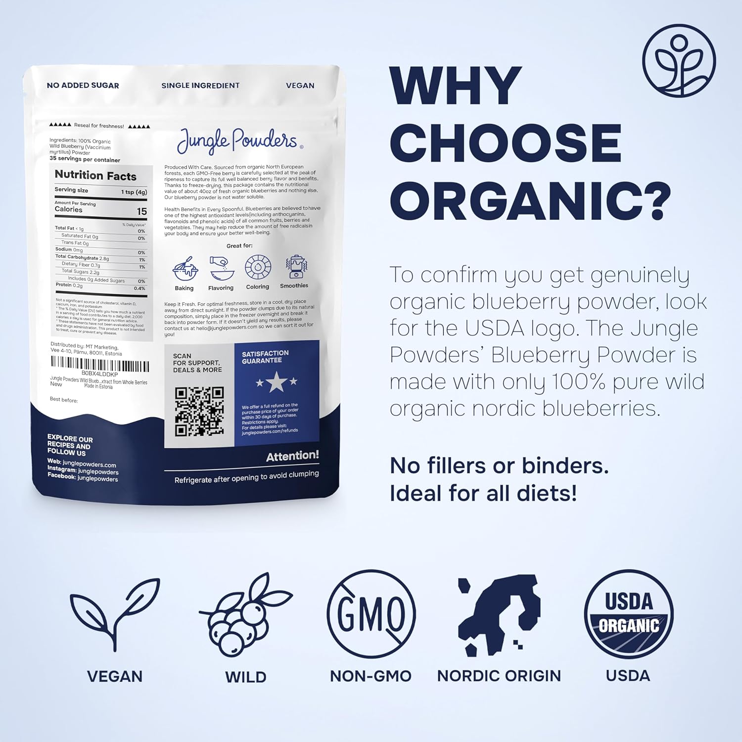 Jungle Powders Wild Blueberry Powder Organic 5 Ounce Bag USDA Certified - Antioxidant Rich Smoothies Freeze Dried Blueberries Organic Blueberry Extract for Baking From Whole Dried Organic Blueberries