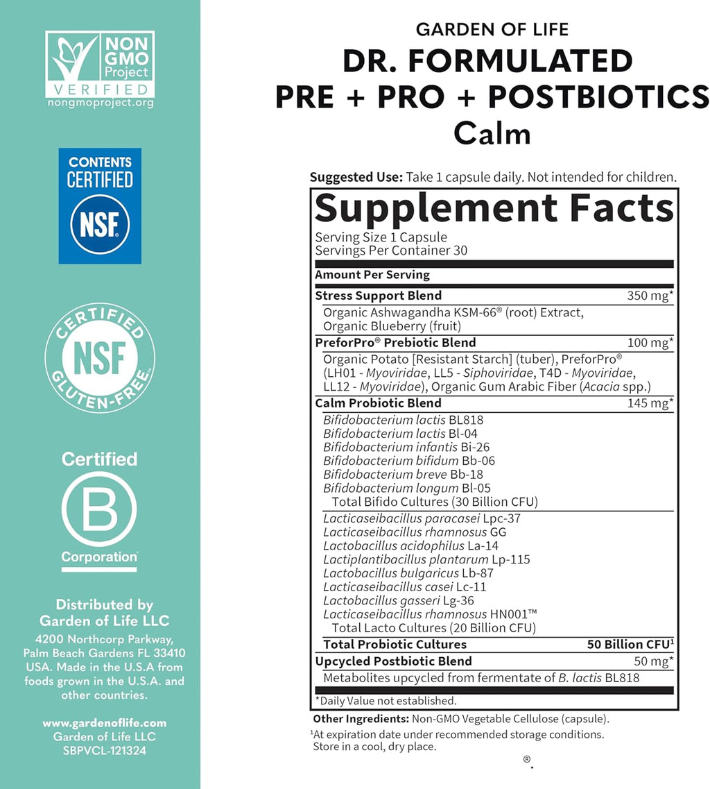 Garden of Life Dr Formulated Calm Daily 3-in-1 Complete Probiotics, Prebiotics & Postbiotics with Ashwagandha - PRE + PRO + POSTBIOTIC Supplement for Immune, Digestive & Mood Support - 30 Day Supply