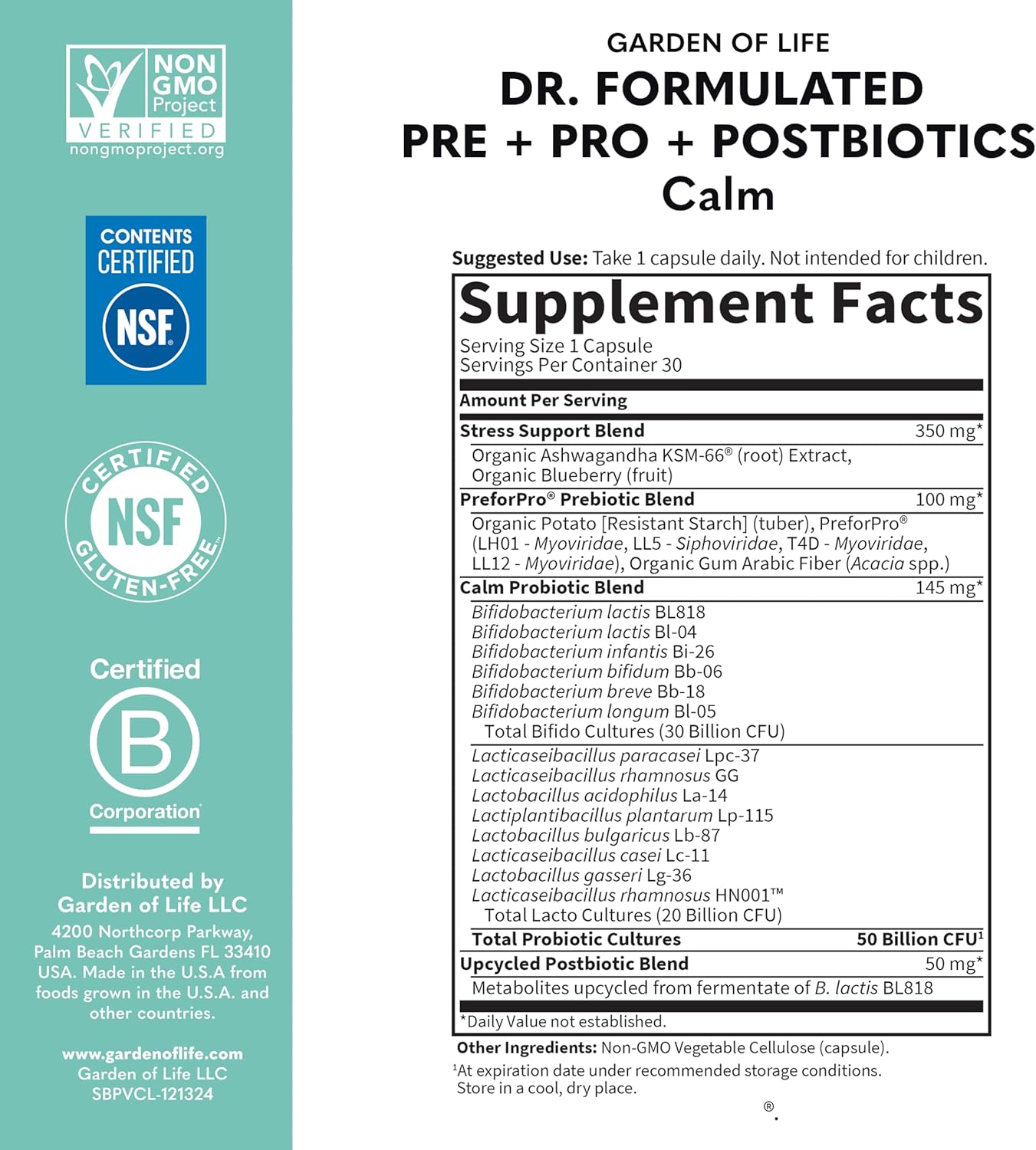Garden of Life Dr Formulated Calm Daily 3-in-1 Complete Probiotics, Prebiotics & Postbiotics with Ashwagandha - PRE + PRO + POSTBIOTIC Supplement for Immune, Digestive & Mood Support - 30 Day Supply