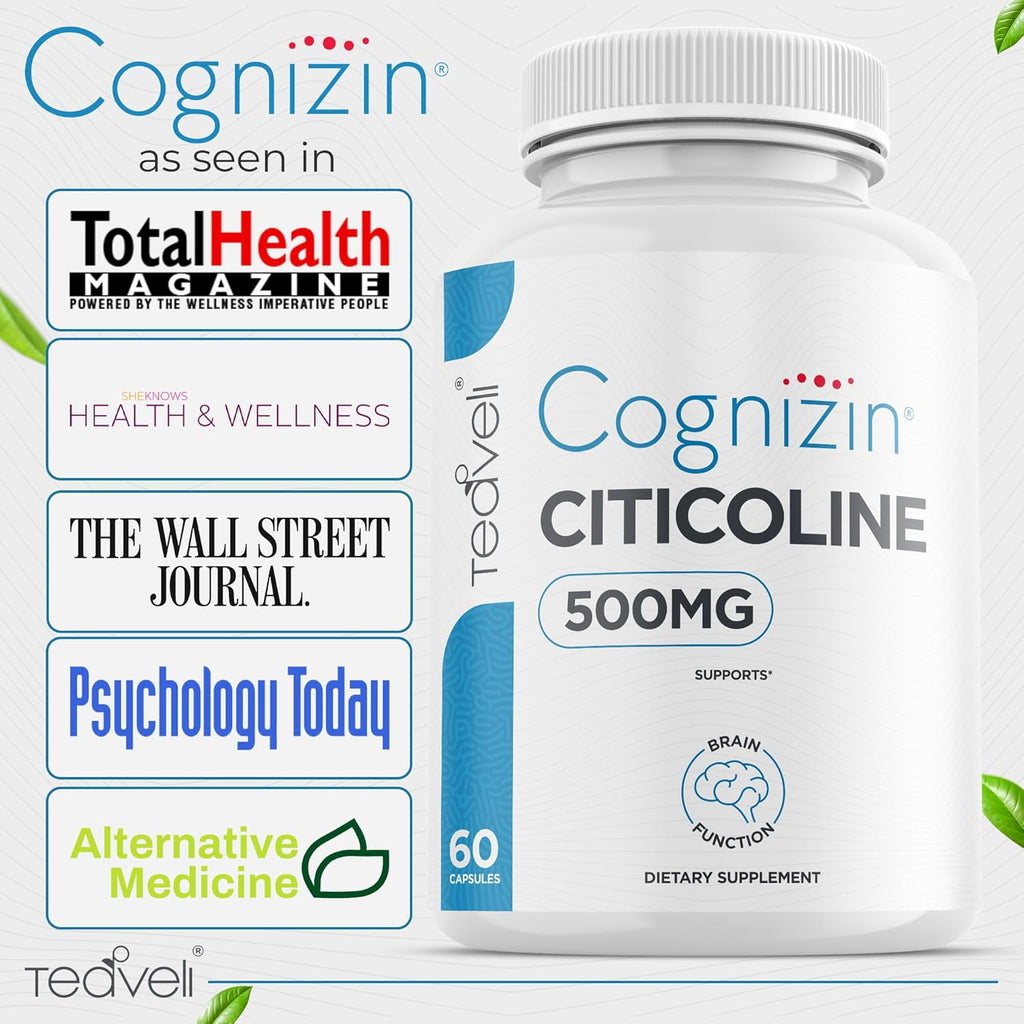 Cognizin Citicoline- 500mg CDP Choline Capsules- Clinically Studied Brain Supplement to Support Clarity, Concentration and Memory – Most Bioavailable Form of Choline Supplements - 60 Servings
