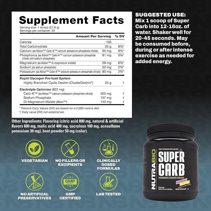NutraBio Super Carb, Carbohydrate Powder with Cluster Dextrin & Electrolytes, Advanced Carb Supplement Powder for Workout Fuel,Performance, and Muscle Recovery,Cyclic Dextrin,Raspberry Lemonade, 30 Sv
