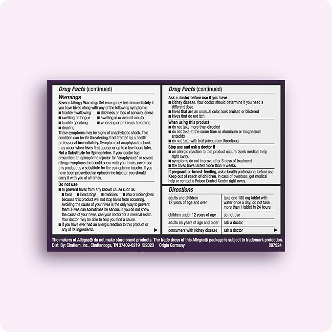 Allegra Hives Antihistamine 24-Hour Tablets, Non-Drowsy Hive Reduction and Hive Itch Relief, 180 mg Fexofenadine HCI, 30-Count, 3 pk