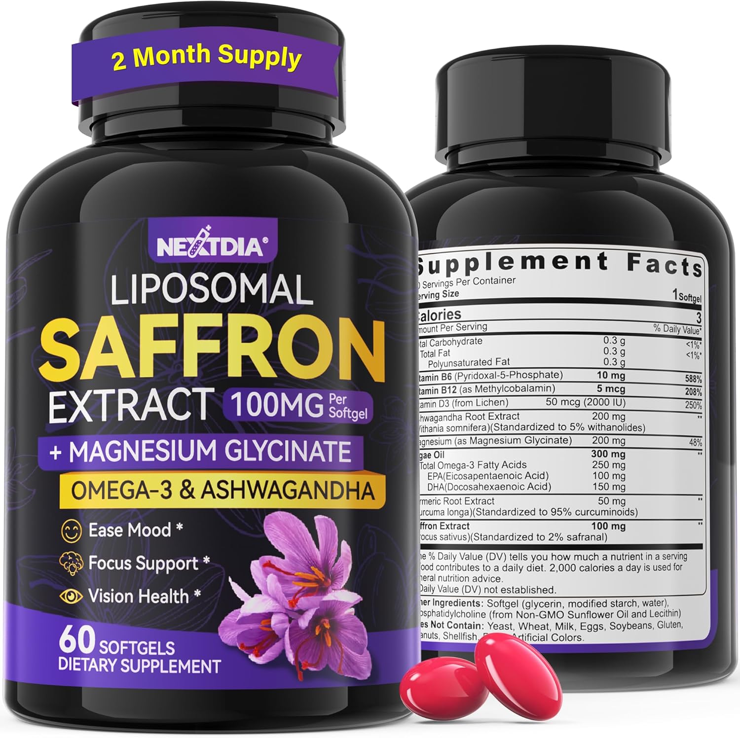 Saffron Supplements - 100mg Liposomal High Absorption 100% Pure Saffron Extract with Magnesium Glycinate, Omega-3, Turmeric, Ashwagandha, Vitamin B6, B12, D3 for Mood, Brain - 60 Softgels.