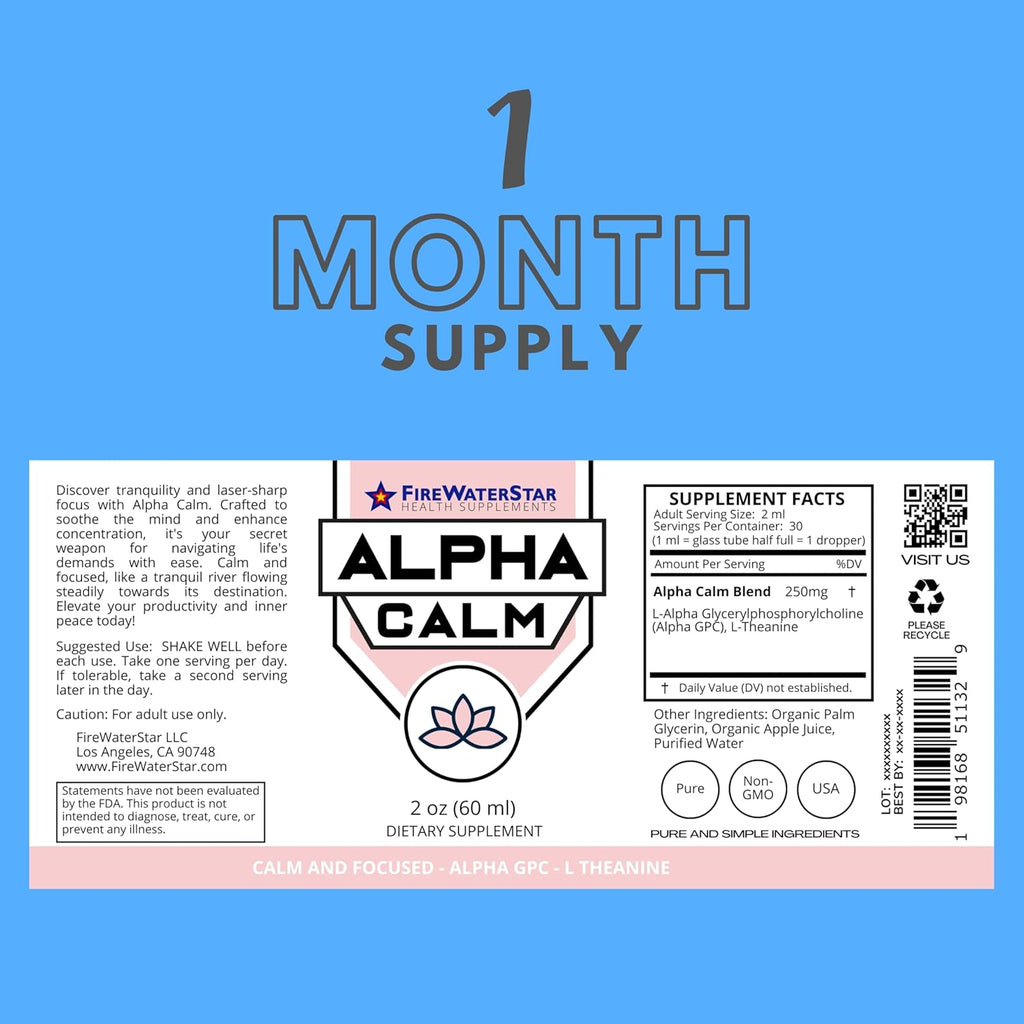 FWS Alpha GPC Calm Drops, Liquid Alpha GPC with L-Theanine, Organic, Non-GMO, Fast Acting Nootropic Brain Supplement for Memory Focus Calm, Supports Healthy Brain Function for Mental Clarity