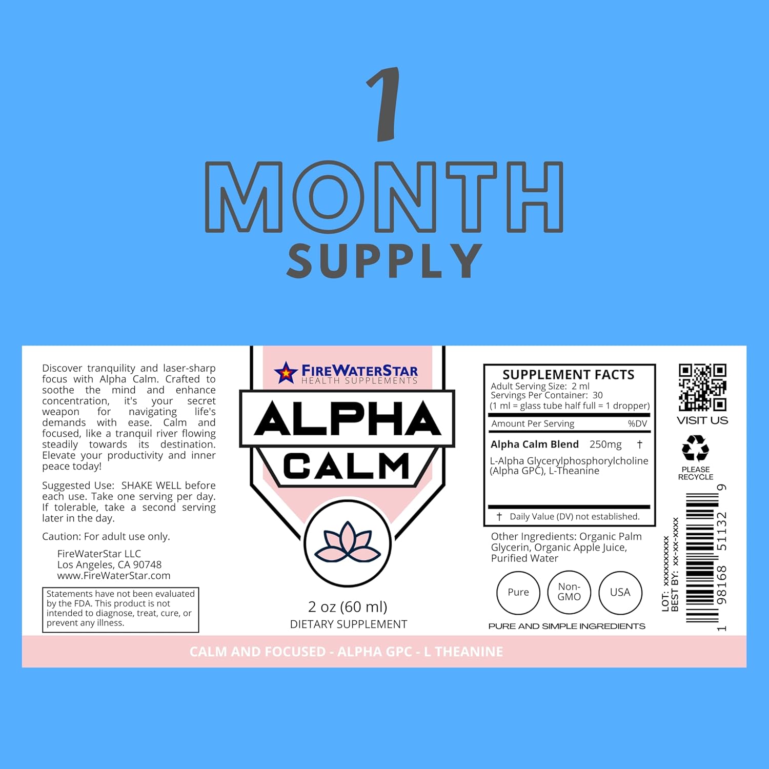 FWS Alpha GPC Calm Drops, Liquid Alpha GPC with L-Theanine, Organic, Non-GMO, Fast Acting Nootropic Brain Supplement for Memory Focus Calm, Supports Healthy Brain Function for Mental Clarity