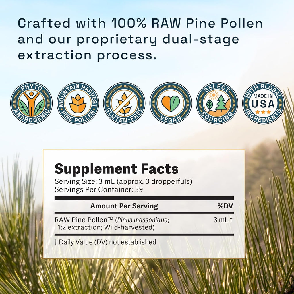 Forest Manna Royal Pine Pollen Tincture – 1:2 True Dual-Stage Extraction – Pure RAW Pine Pollen Tincture – 4 Fluid Ounce Bottle