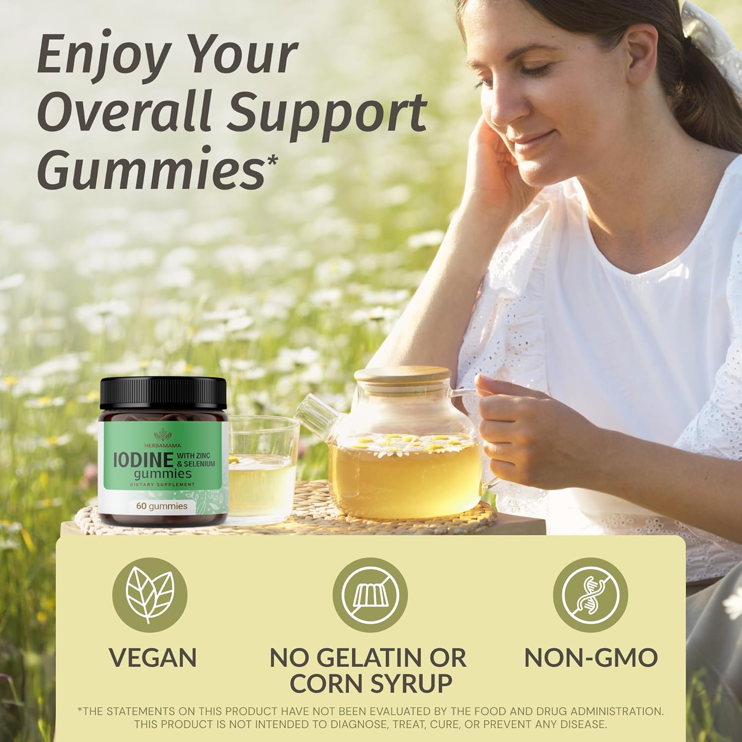 HERBAMAMA Iodine Gummies - Potassium Iodine, Zinc & Selenium for Immune Defense & Brain Support - Vegan, Non-GMO Immune Support Supplement - 60 Pectin-Based Apple-Flavored Chews (Pack of 2)