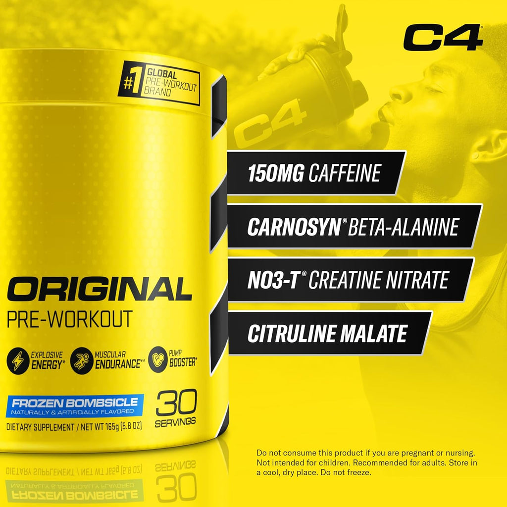 Cellucor C4 Original Pre Workout Powder Frozen Bombsicle Sugar Free Preworkout Energy for Men & Women 150mg Caffeine + Beta Alanine + Creatine - 30 Servings (Packaging May Vary)