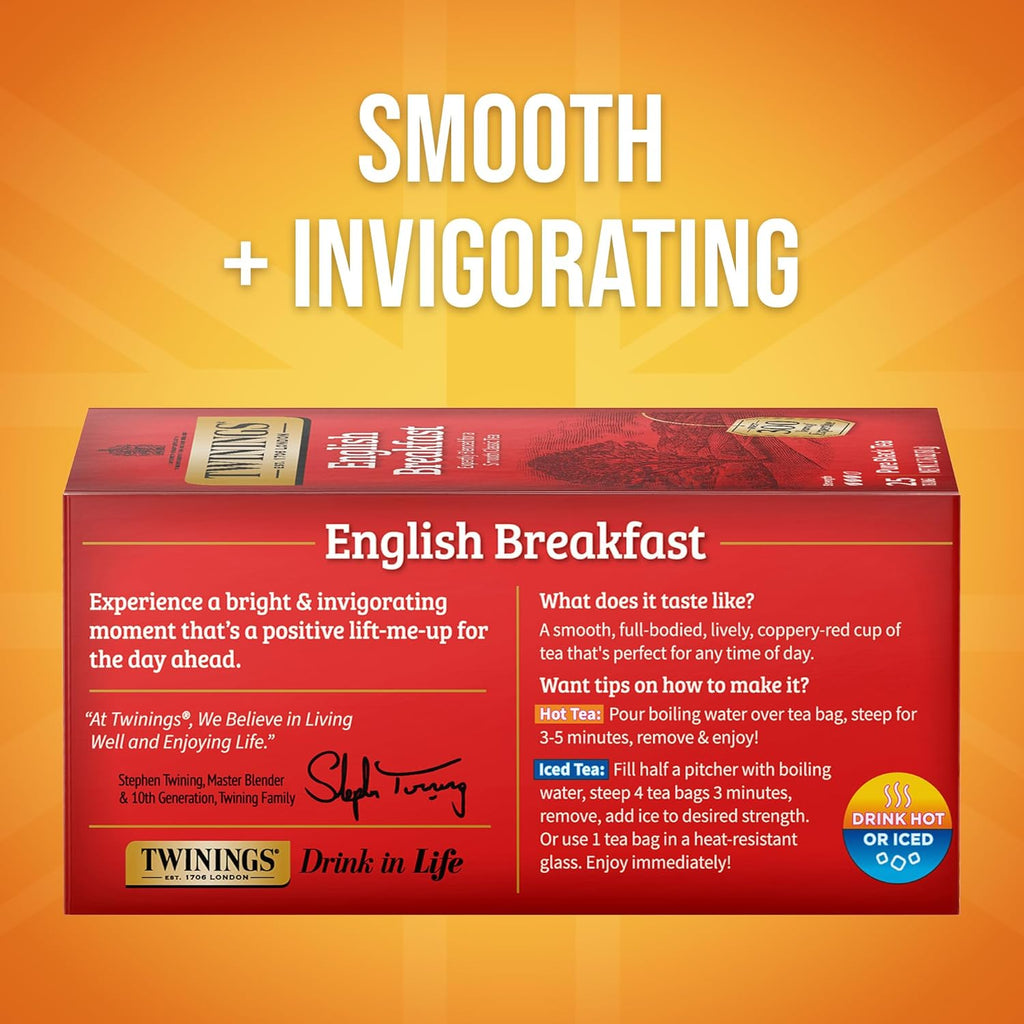 Twinings English Breakfast Black Tea Individually Wrapped Bags, 25 Count (Pack of 6), Flavourful, Robust Black Tea, Caffeinated, Enjoy Hot or Iced, 150 Teabags