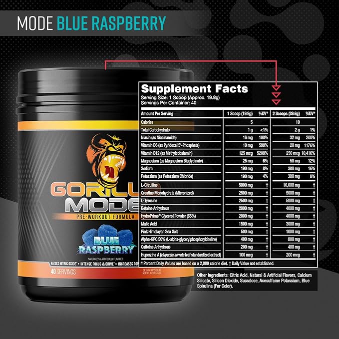 Gorilla Mode Pre Workout - Massive Pumps Laser Focus Energy Power - L-Citrulline, Creatine, L-Tyrosine, Betaine, Hydroprime, Alpha-GPC, 400mg Caffeine, Huperzine A - 792g (Blue Raspberry)