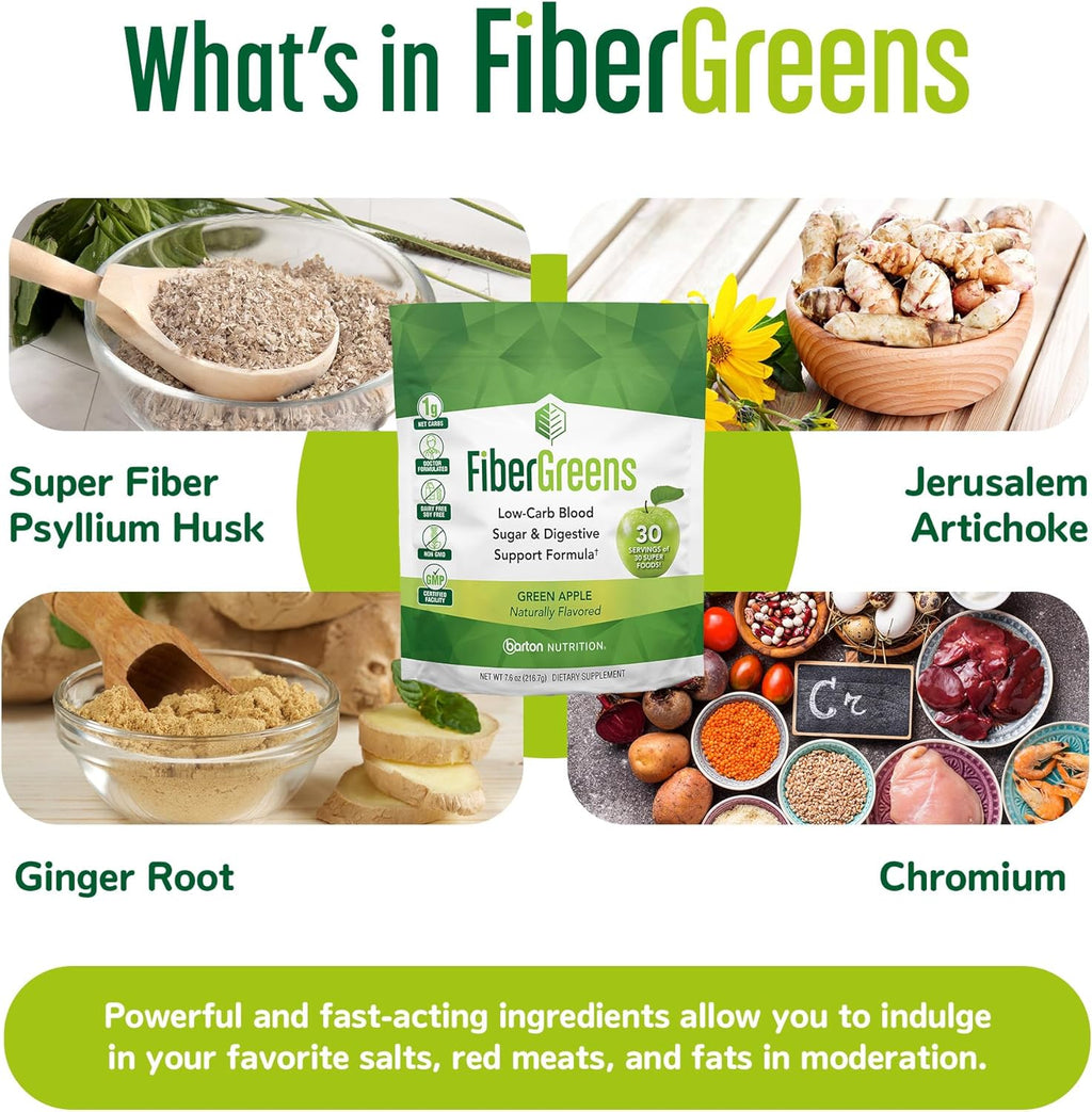 Green Apple Fiber Greens - Low-Carb Probiotics for Gut Health - Blood Function Support - Naturally Flavored Probiotic Formula with 30 Superfoods - Protects Heart Health, 30 Servings
