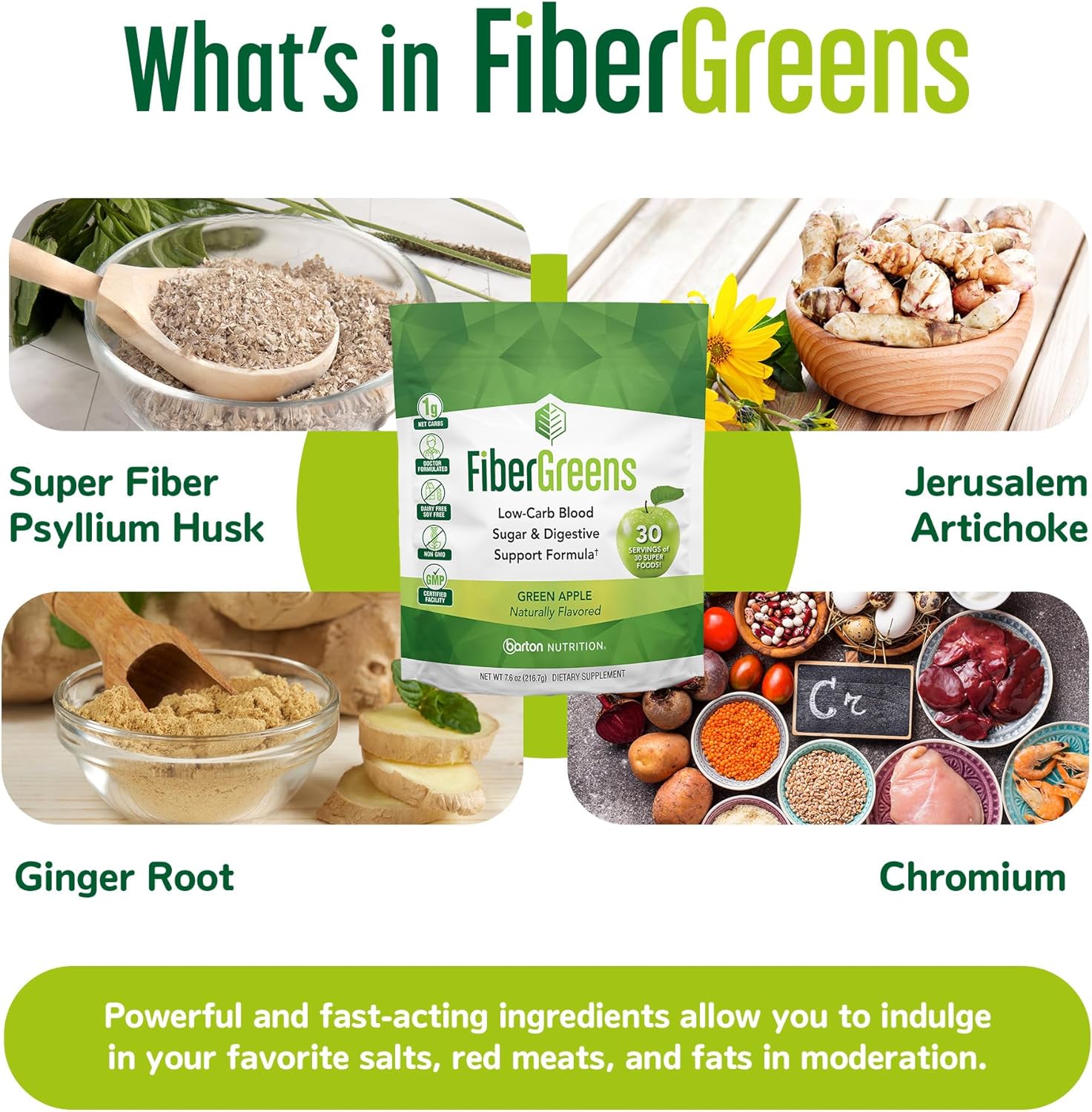 Green Apple Fiber Greens - Low-Carb Probiotics for Gut Health - Blood Function Support - Naturally Flavored Probiotic Formula with 30 Superfoods - Protects Heart Health, 30 Servings