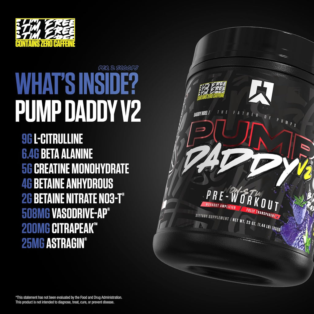 RYSE Pump Daddy V2 Pre Workout Powder - Noel Deyzel Signature - Blue Raspberry - Non-Stim Supplement with Citrulline, Creatine and Beta Alanine for Pumps, Endurance and Strength - 40 Servings