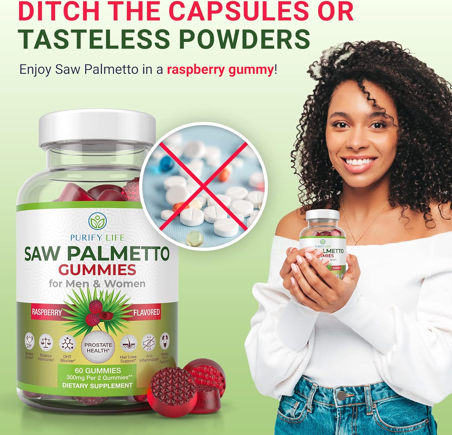 Vegan Saw Palmetto for Women & Men - Potent Saw Palmetto Extract, Prostate Supplements for Men, DHT Blocker for Womens Hair Growth, Hormonal Balance Gummies, PCOS Hair Loss, DHT Blocker, Gluten-Free