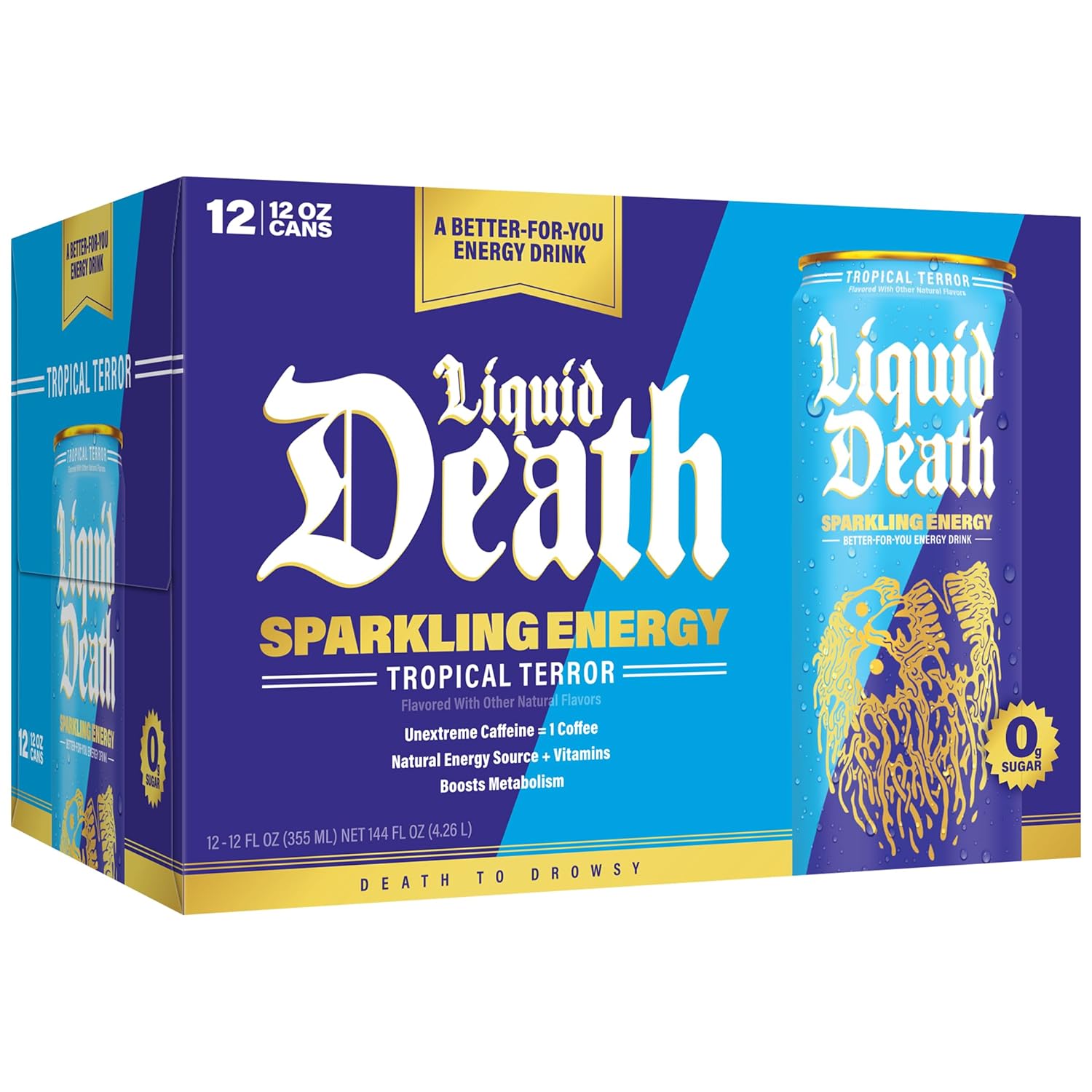 Liquid Death Sparkling Energy - Tropical Terror (Piña Colada Flavor), Sugar-Free Energy Drink, Unextreme Caffeine 100mg, Essential Vitamins, 12 Fl Oz (Pack of 12)