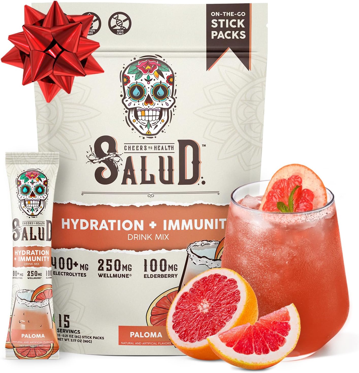 Salud 2-in-1 Hydration Packets + Immunity Electrolytes Powder, Paloma - Agua Fresca Drink Mix, Elderberry, Dairy & Soy Free, Non-GMO, Gluten Free, Vegan, Low Calorie, 1g Sugar (15 Servings)