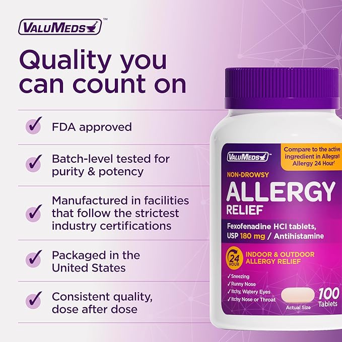 ValuMeds | Compare to Allegra | Fexofenadine HCl 180mg | 24-Hour Allergy Relief, Non-Drowsy Antihistamine Generic Medicine for Allergies, Hay Fever, Itchy Eyes | for Kids & Adults (100 Count)