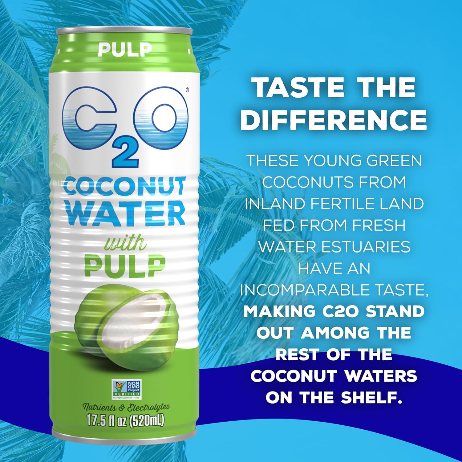 C2O - Coconut Water with Pulp (12 Pack) - Made with Fresh Coconut Water - Plant Based - Non GMO - Canned Water - Natural Hydration, Essential Electrolytes, & Potassium - 12 Cans, 17.5 FL OZ
