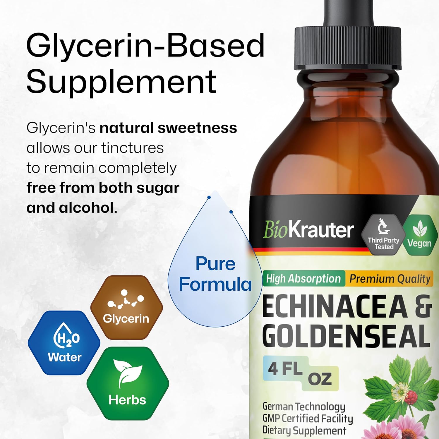 BIO KRAUTER Echinacea and Goldenseal Root Liquid Extract - Natural Immune Support - Echinacea Drops with Goldenseal - Vegan, Alcohol & Sugar Free Tincture - 4 Fl.Oz.