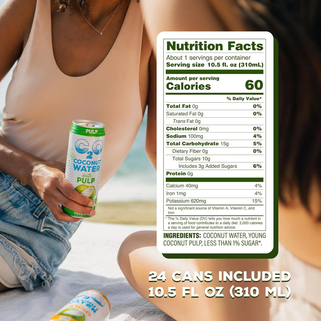 C2O - Coconut Water with Pulp (24 Pack, 3 Boxes of 8) - Made with Fresh Coconut Water - Plant Based, Non GMO Canned Water - Natural Hydration, Essential Electrolytes, & Potassium - 24 Cans, 10.5 FL OZ