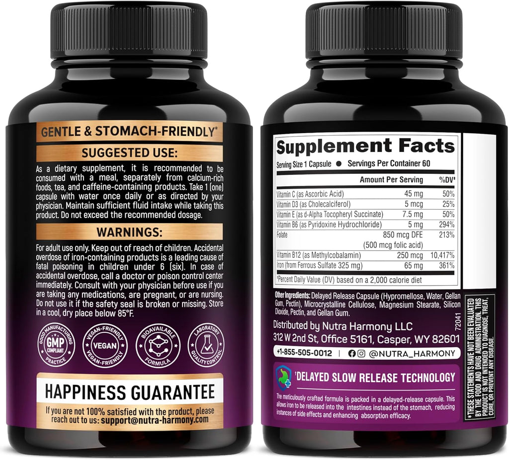 Iron Supplement for Women - Iron 65mg (Ferrous Sulfate 325mg) - Stomach Friendly | Slow Release Iron | High Absorption - Vitamins C, D3, B6, B12 & Folate - Iron Level & Energy Support - 60 Capsules